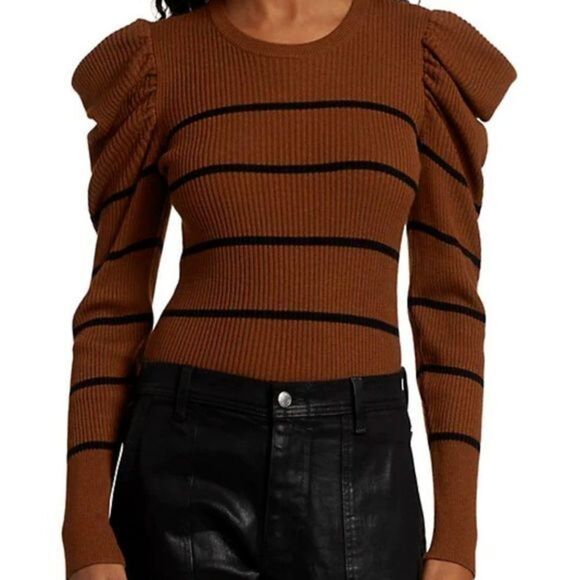 (New) Stripe Rib-Knit Puff-Sleeve Sweater - Picture 3 of 6